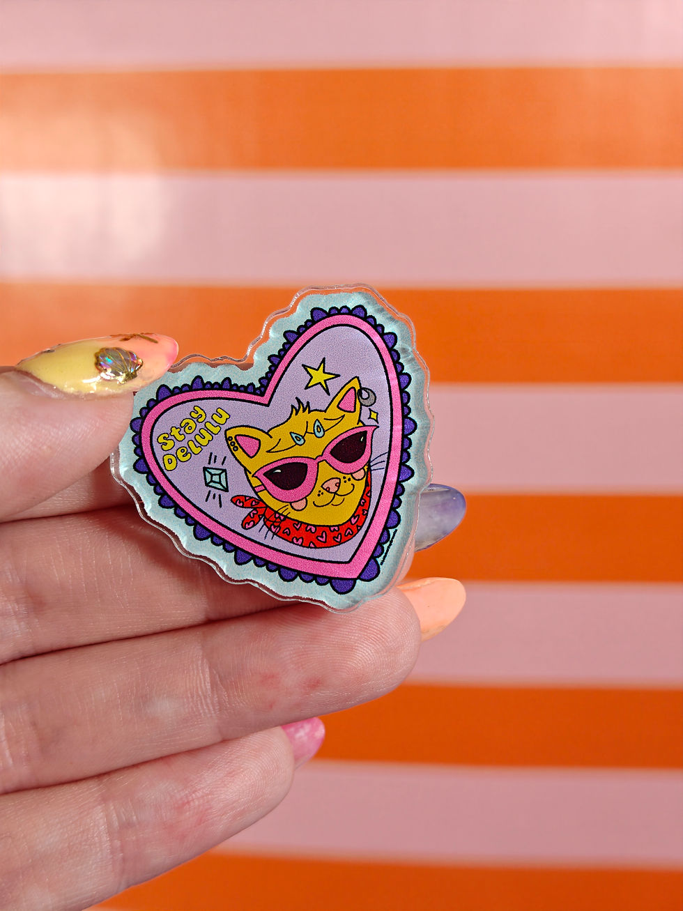 stay delulu pin, cat art, sassy cat, cat in glasses art, irish accessory, mental health art,