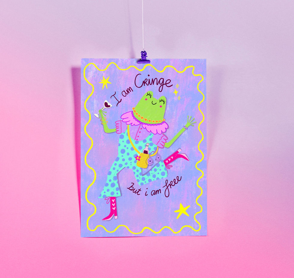 fancy dressed frog, embracing cringe, animal illustration, digital art print