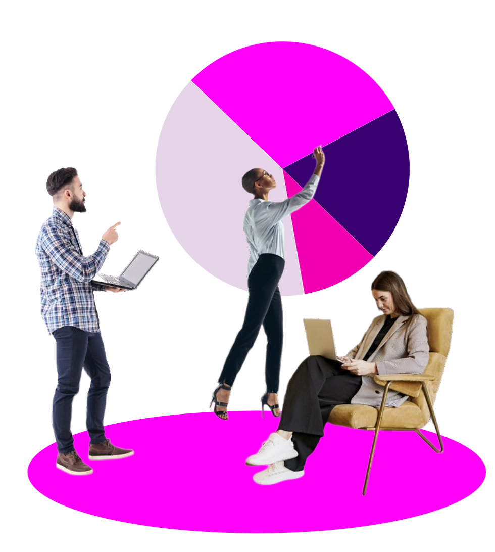 Three people discussing brand strategy around a visual identity graphic