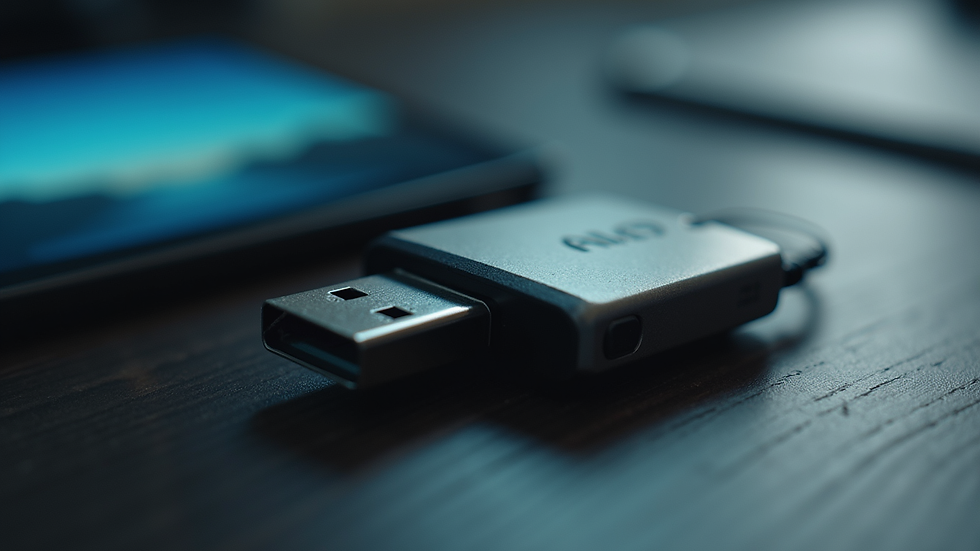 Close-up view of a USB drive with digital video files ready for playback