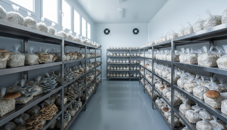 Wide-angle view of a clean mushroom grow room with shelves of legal gourmet mushroom blocks