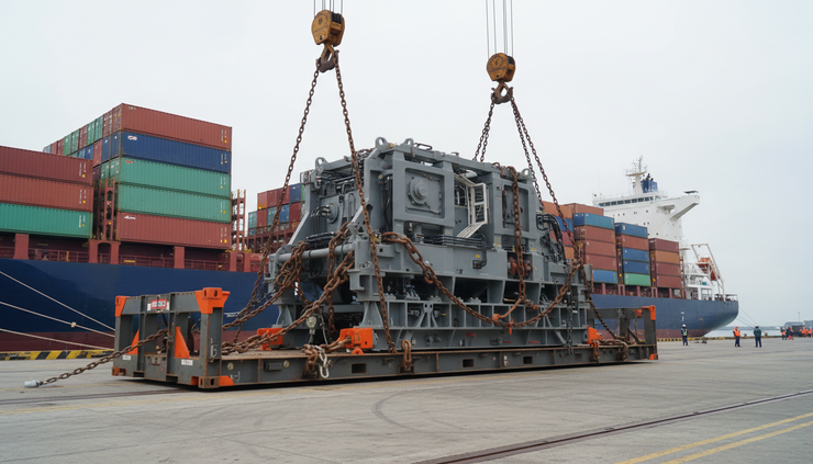 Eye-level view of a flat rack container carrying oversized industrial equipment at a seaport
