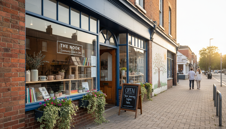 Wide-angle view of a small storefront with a clean window display on a sunny street