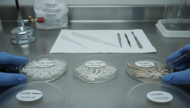 Close-up view of labeled petri dishes with legal gourmet mushroom cultures in a sterile work area