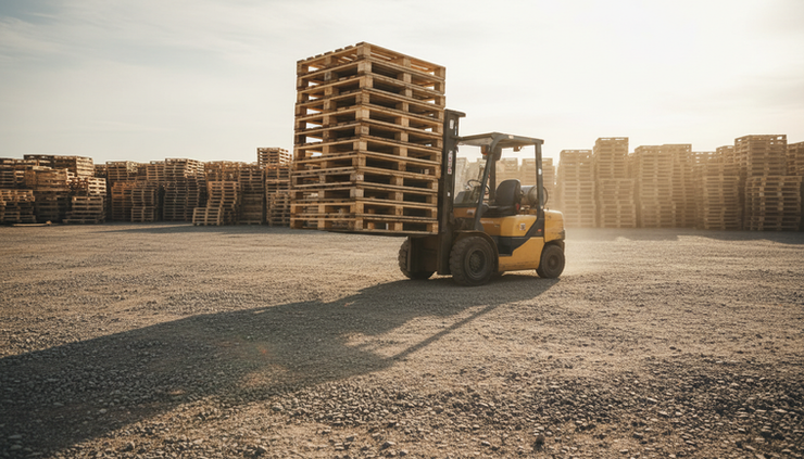 Eye-level view of a forklift carrying wooden pallets across a gravel yard