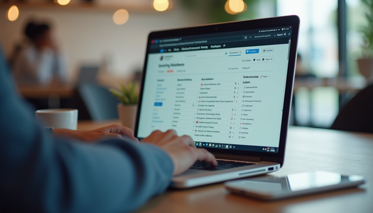 Eye-level view of a laptop screen showing a business marketplace website