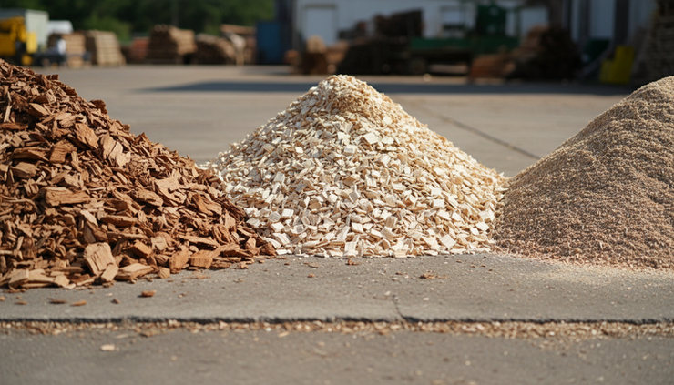 Close-up view of screened hardwood chips in separate piles.