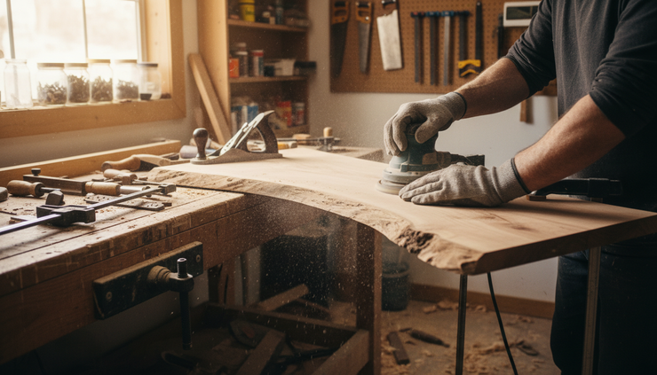 Close-up view of a woodworker sanding a live-edge maple slab