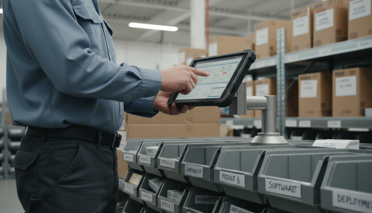 Eye-level view of a person testing a tablet mounted near warehouse storage bins