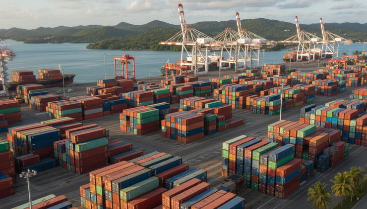 High-angle view of colorful shipping containers near a tropical port