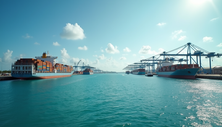 Eye-level view of a bustling Jamaican port with cargo ships and cranes