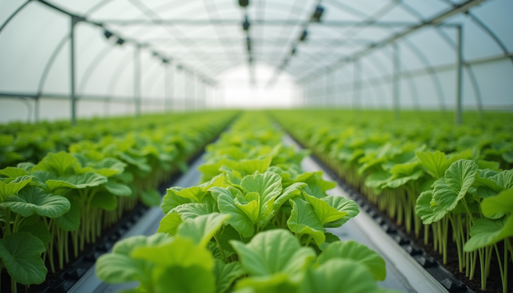 Eye-level view of a modern greenhouse with rows of growing crops