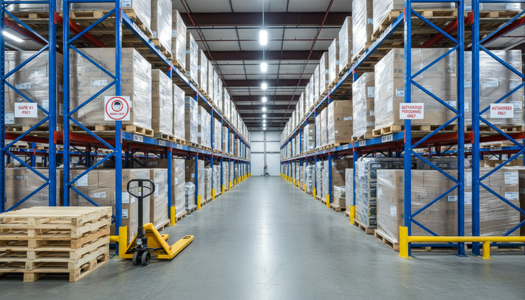 Eye-level view of stacked pallets and labeled storage bays inside a working warehouse