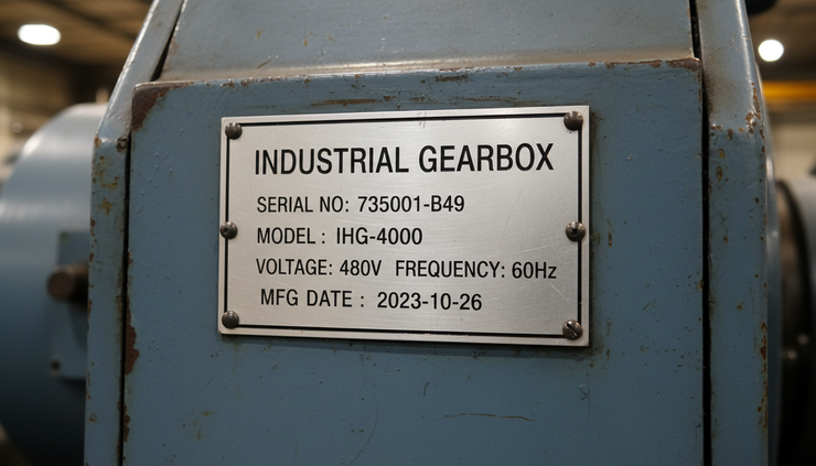 Close-up view of a metal machine nameplate with serial number and electrical specifications