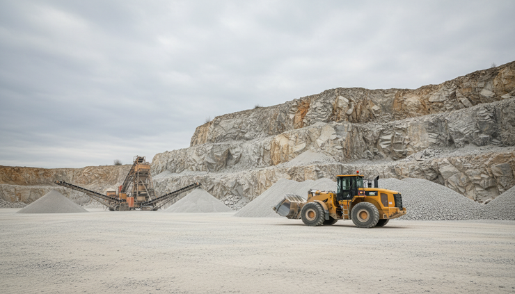 Eye-level view of a limestone quarry wall with a loader moving crushed stone