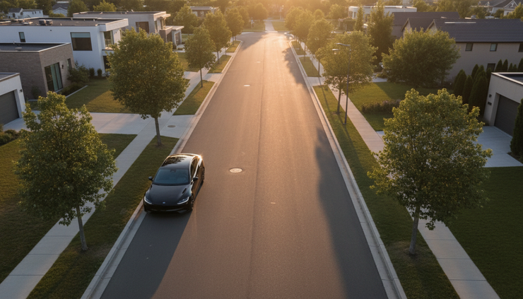 Overhead view of a clean electric sedan parked beside a quiet suburban street at sunset.