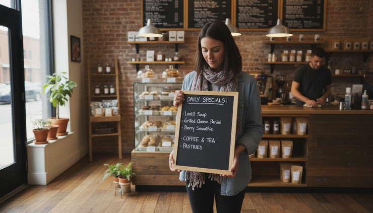 Eye-level view of a customer reading a menu board at a small food shop