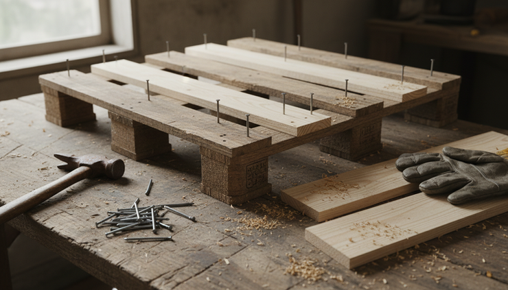 Close-up view of a repaired wooden pallet on a workbench