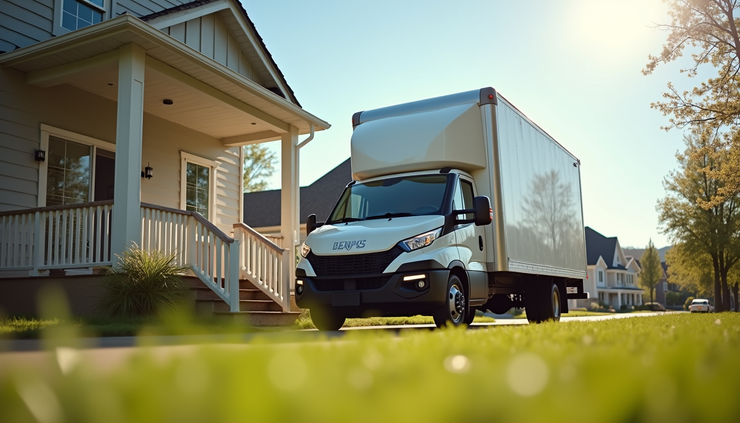 Eye-level view of a moving truck parked outside a residential home during a sunny day