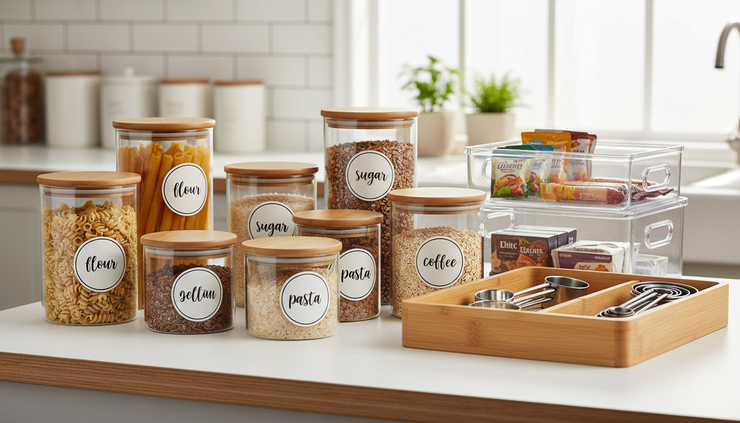 Close-up view of clear pantry containers and drawer organizers on a kitchen counter