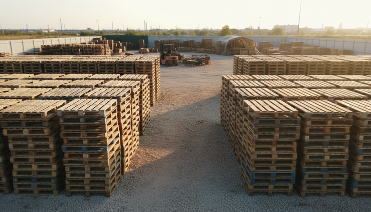 Wide-angle view of stacked wooden pallets in an outdoor yard