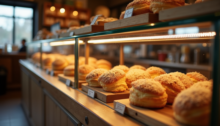 Eye-level view of a small artisan bakery with fresh pastries displayed