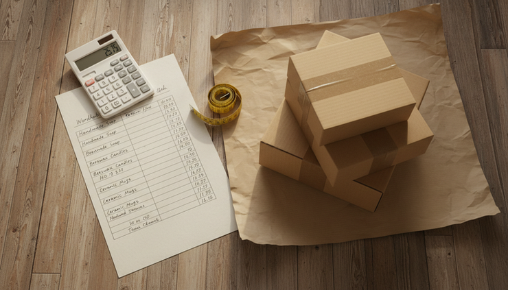 Overhead view of a simple product pricing worksheet beside shipping boxes and a tape measure