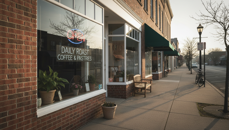 Wide-angle view of a small Main Street storefront with an open sign in the window