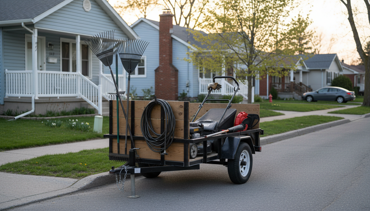 Eye-level view of a compact lawn care trailer with tools parked beside a small Canadian bungalow