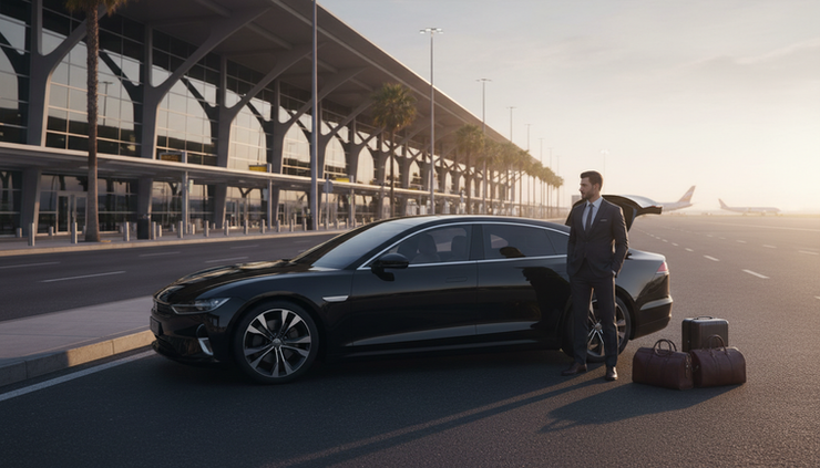 Wide-angle view of a black electric sedan waiting beside an airport pickup curb.