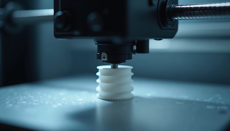 Close-up view of a 3D printer creating a detailed mechanical part
