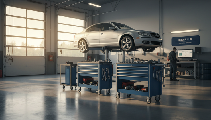 Wide-angle view of a clean auto repair bay with a car raised on a lift.