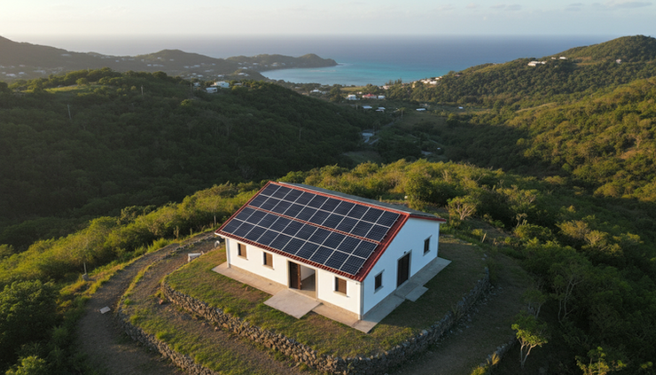Aerial view of solar panels on a small Caribbean building near green hills and the sea
