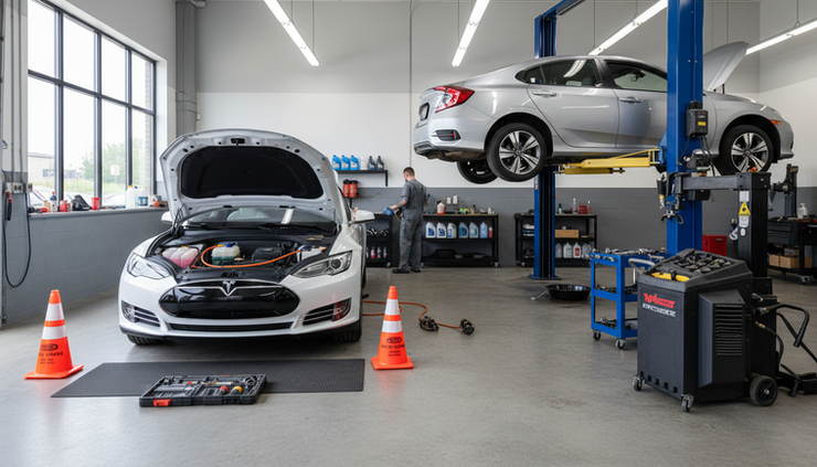 Wide-angle view of an electric car being serviced beside a gas-powered sedan in an auto repair bay