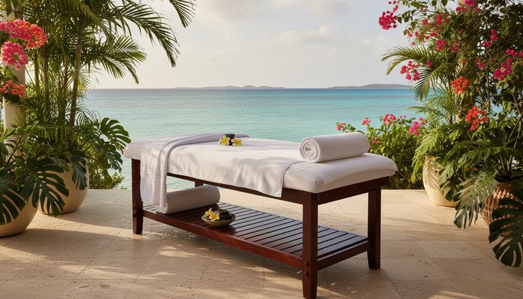 Close-up view of a massage table set on a shaded terrace facing turquoise water.