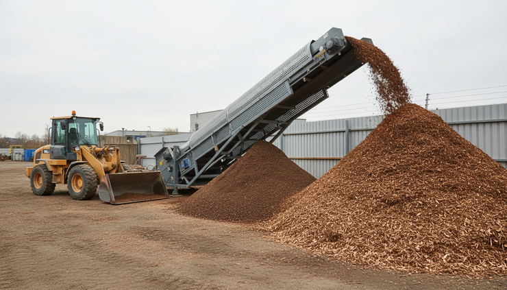 Eye-level view of a trommel screen sorting wood chips at a processing yard.