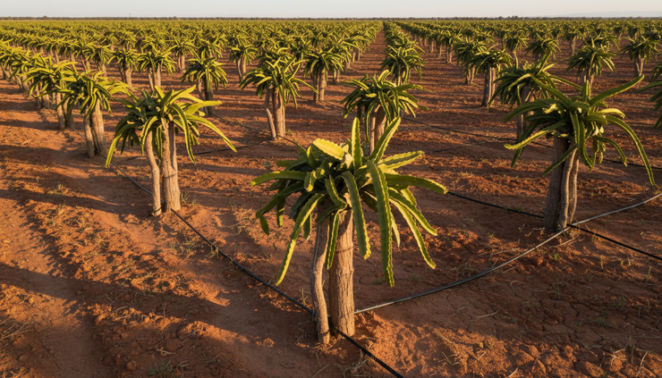 Eye-level view of dragon fruit cactus rows growing on trellises in a dry field