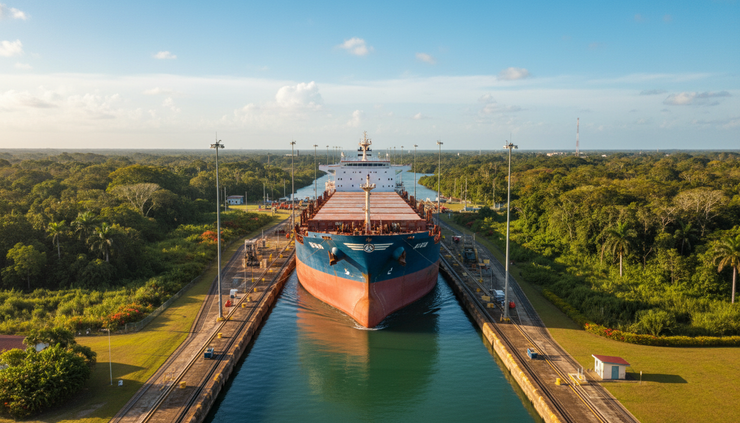 Wide-angle view of a cargo ship passing through Panama Canal locks