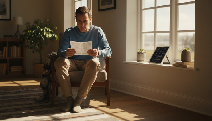 Eye-level view of a homeowner reading a solar energy bill beside a window with sunlight