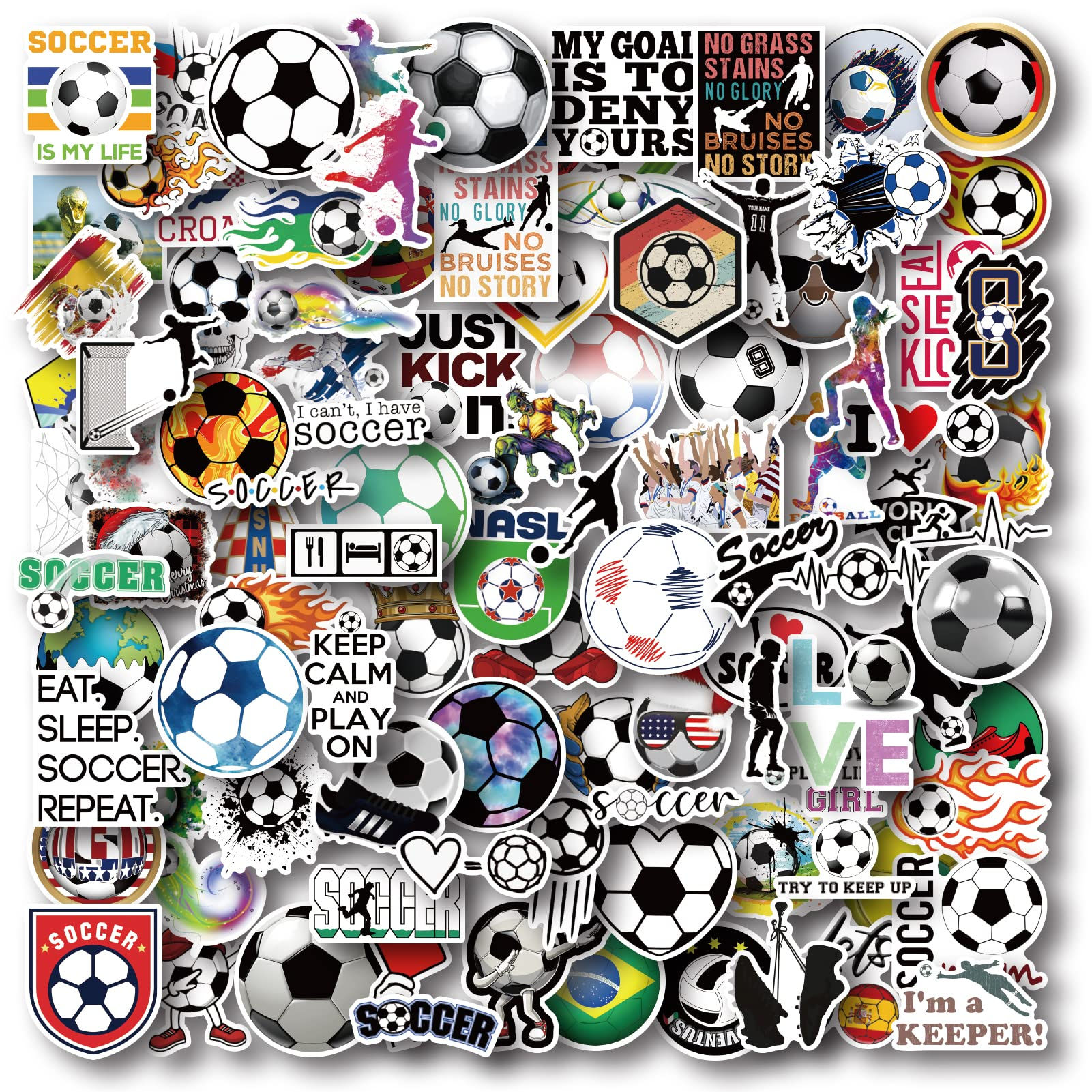AOWDIAO 100 Pieces Soccer Stickers Vinyl Soccer Water Bottle Stickers Pack Socce