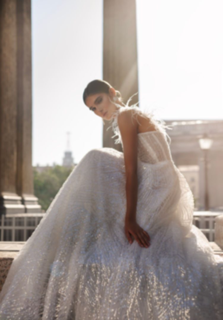 front close up view of Zolla one-shoulder glitter wedding dress