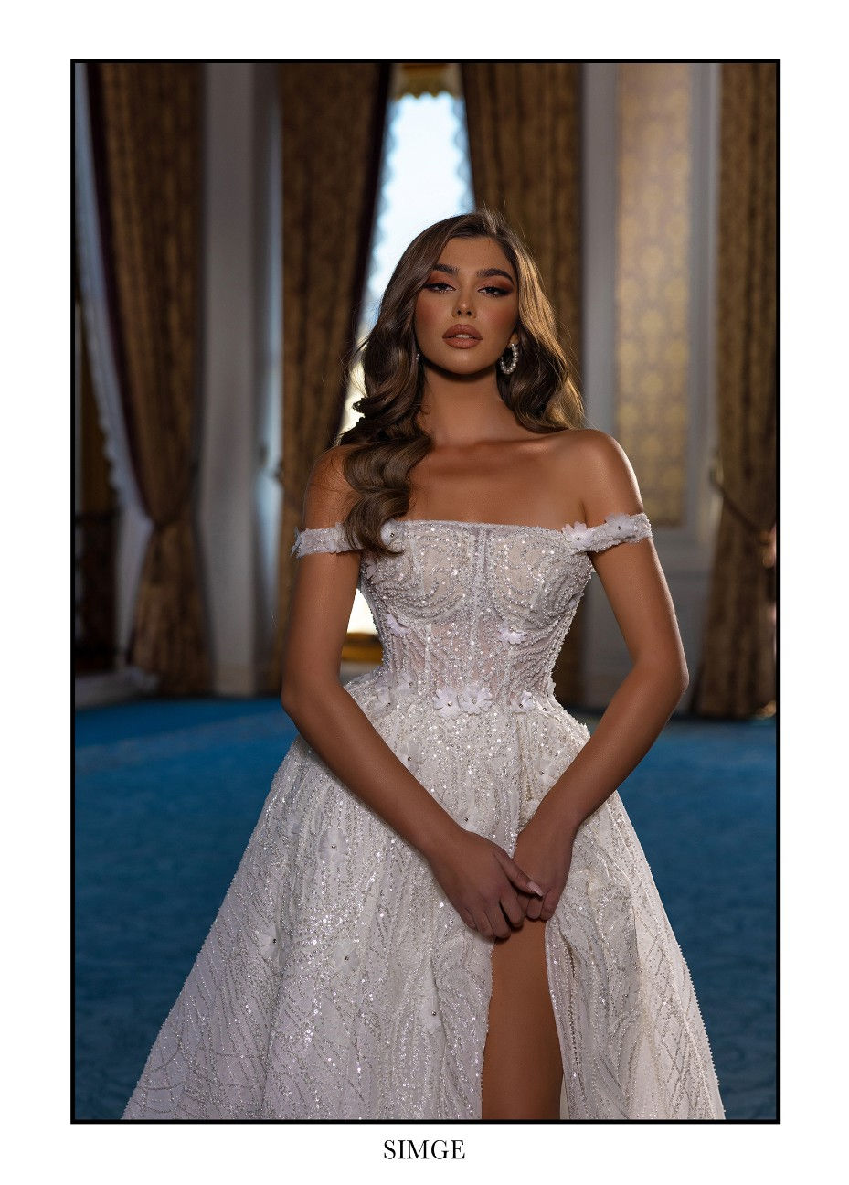 front close up view of Simge off-shoulder glitter ballgown