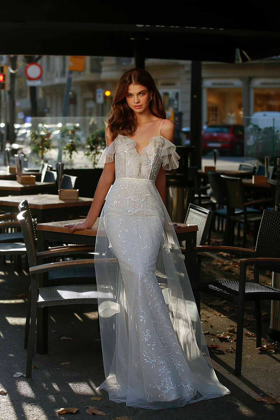front view of 21-J09 ruffle sleeves wedding dress