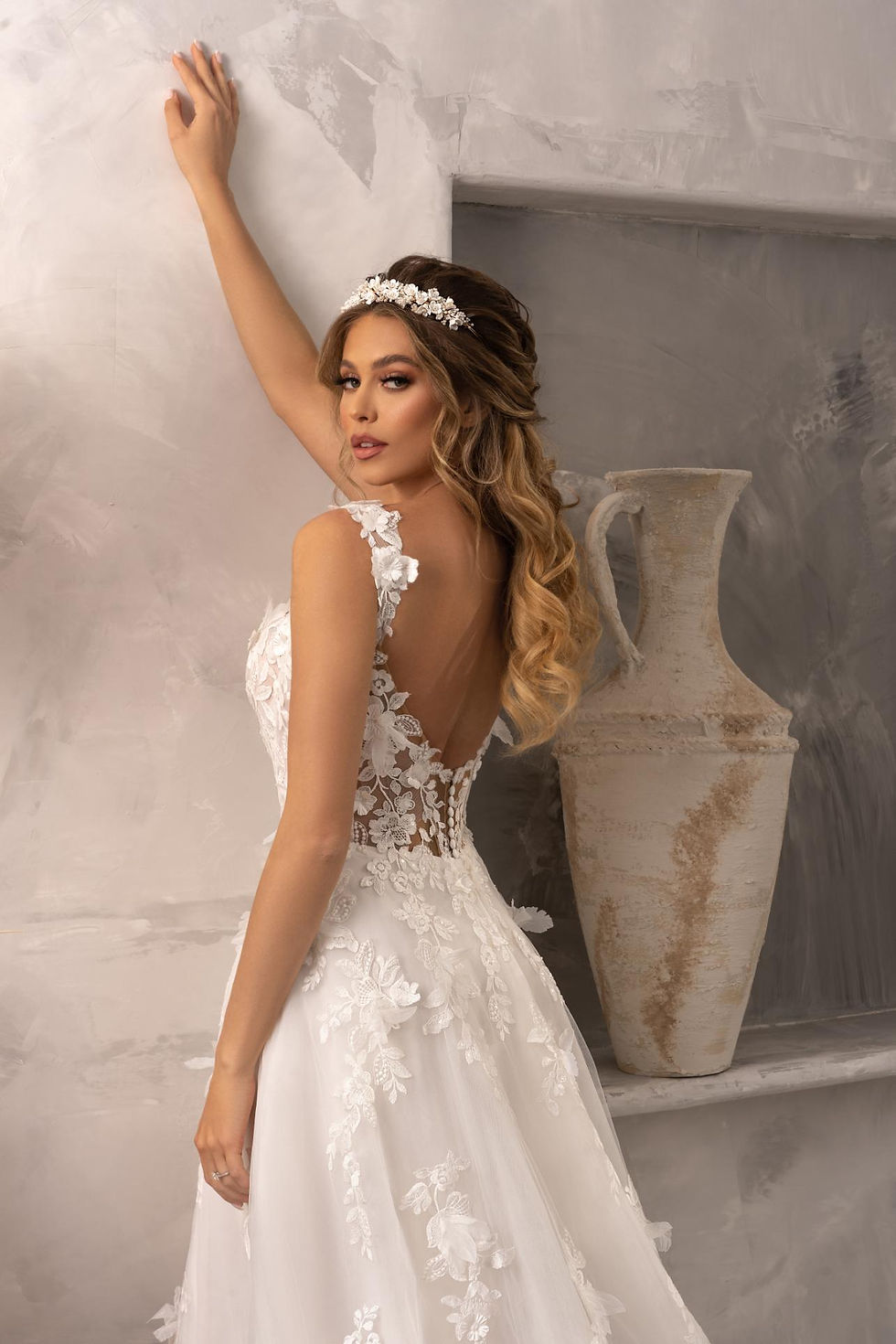 back close up view of Julie lace slit wedding dress