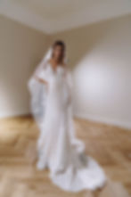Thumbnail: front view of Blake glitter deep-v wedding dress with veil