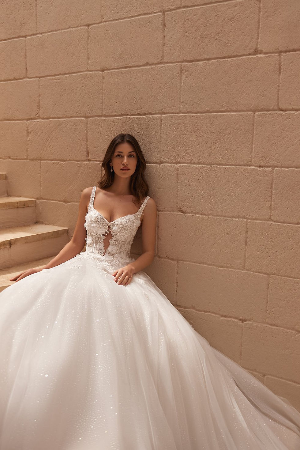 front close up view of 5707 lace glitter wedding dress