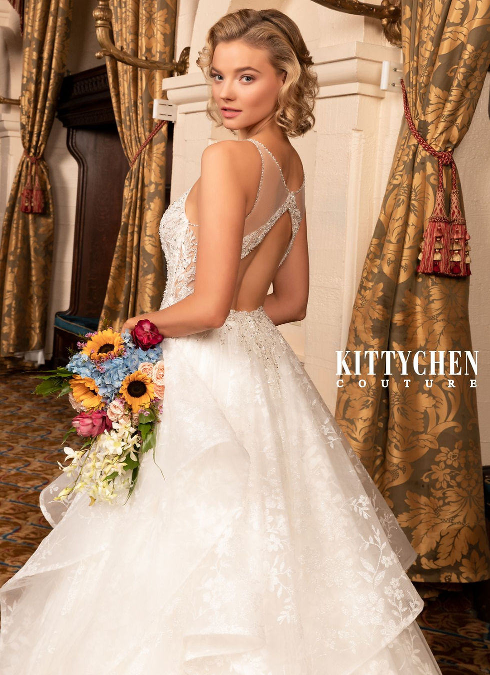 back close up view of Darla glitter ruffle wedding dress
