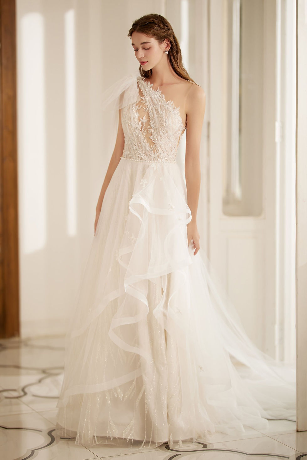 front view of Elena princess one-shoulder wedding dress