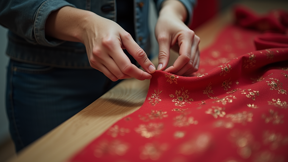 Close-up view of a tailor measuring fabric for a qipao