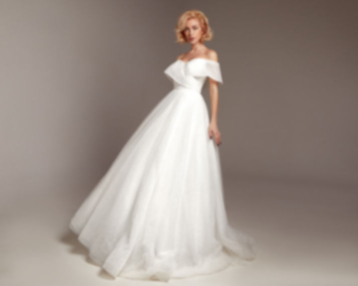front view of LO0019 off-shoulder tulle wedding gown